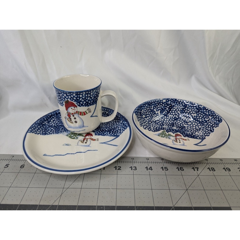 Thomson Pottery Snowman Plate Bowl Mug Lot Snow Winter